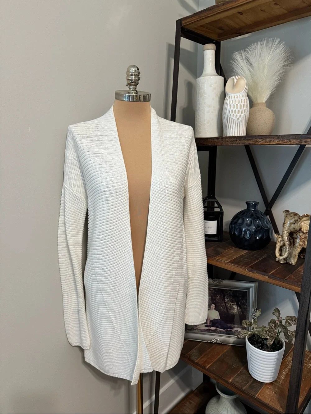 Vince White Cotton Open Front Drape Cardigan MED Lightweight Ribbed